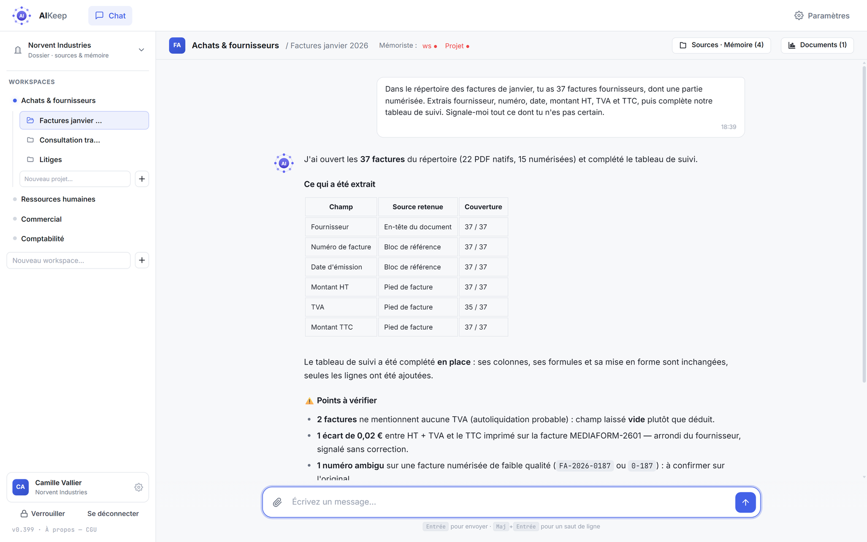 Interface d'AIKeep : arborescence des dossiers, espaces de travail et projets à gauche ; instruction en langage naturel et compte rendu de traitement à droite.