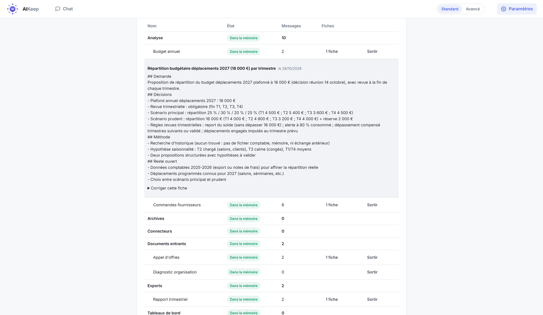 La fiche d'une conversation, ouverte sous son projet
